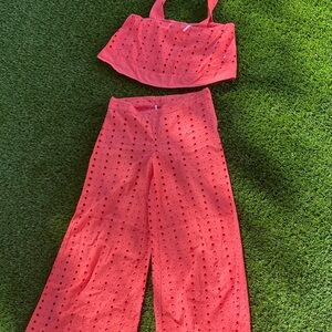 Free People Vibrant Coral Eyelet Wide Leg Pants & Top Set